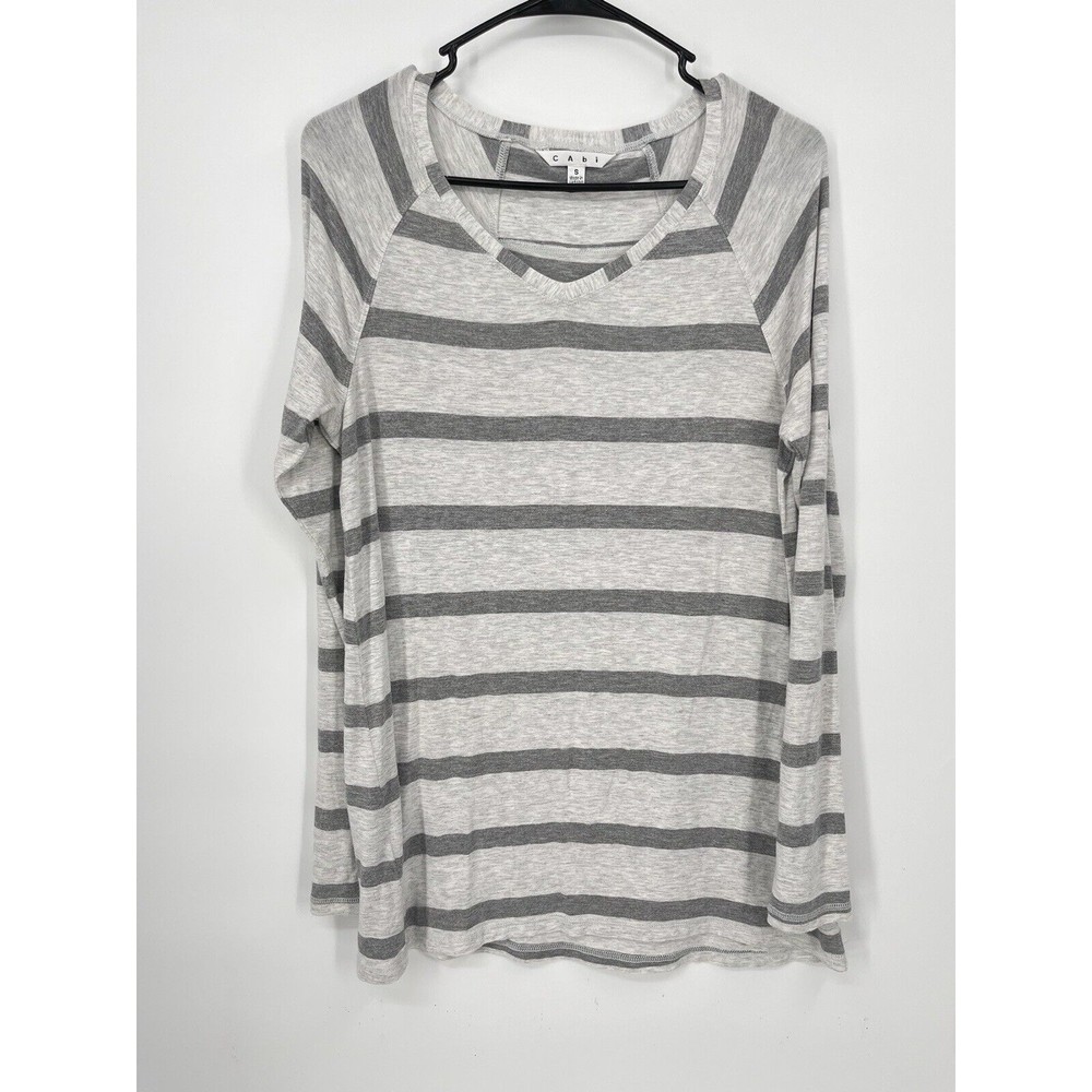 Cabi Womens Striped Long Sleeve V Neck Raglan Shirt Gray White Size S